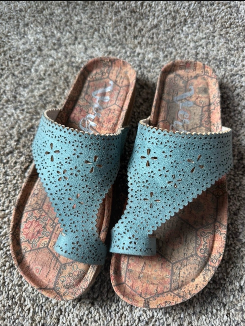 Very G Teal Laser-Cut Toe-Post Sandals